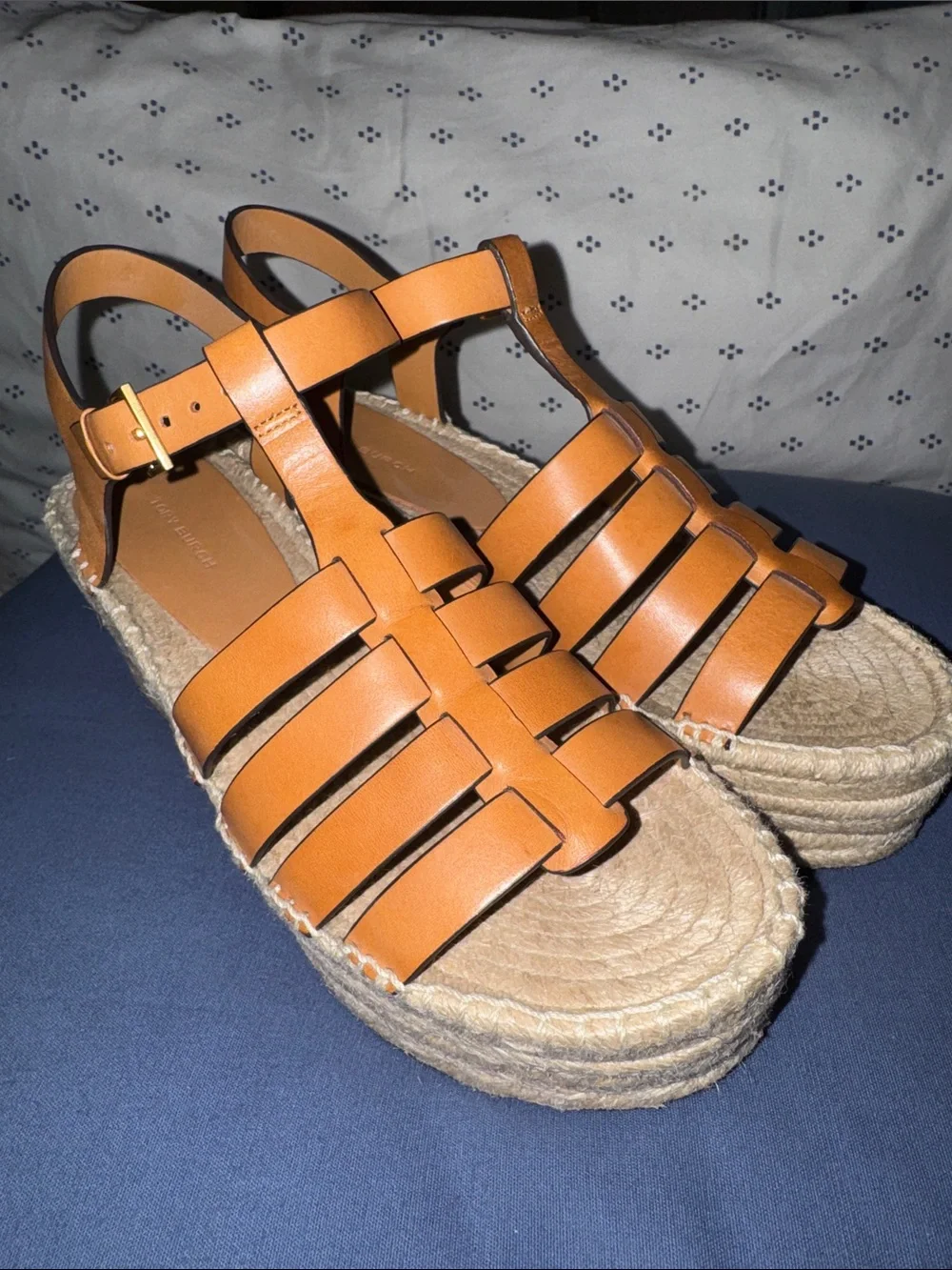 Tory Burch Tan Leather Espadrille Wedge Sandals - Sz. 8.5